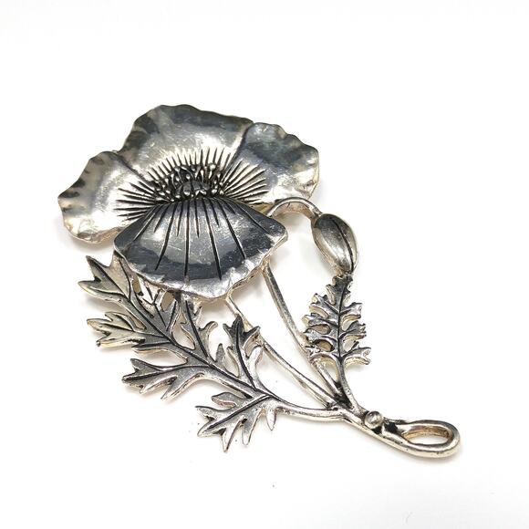 Vintage Signed Silver Plated Flower Brooch & Pendant, Large Floral Pin - Picture 10 of 10